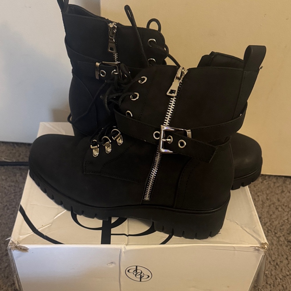 Black Combat Boots with Silver Zippers
